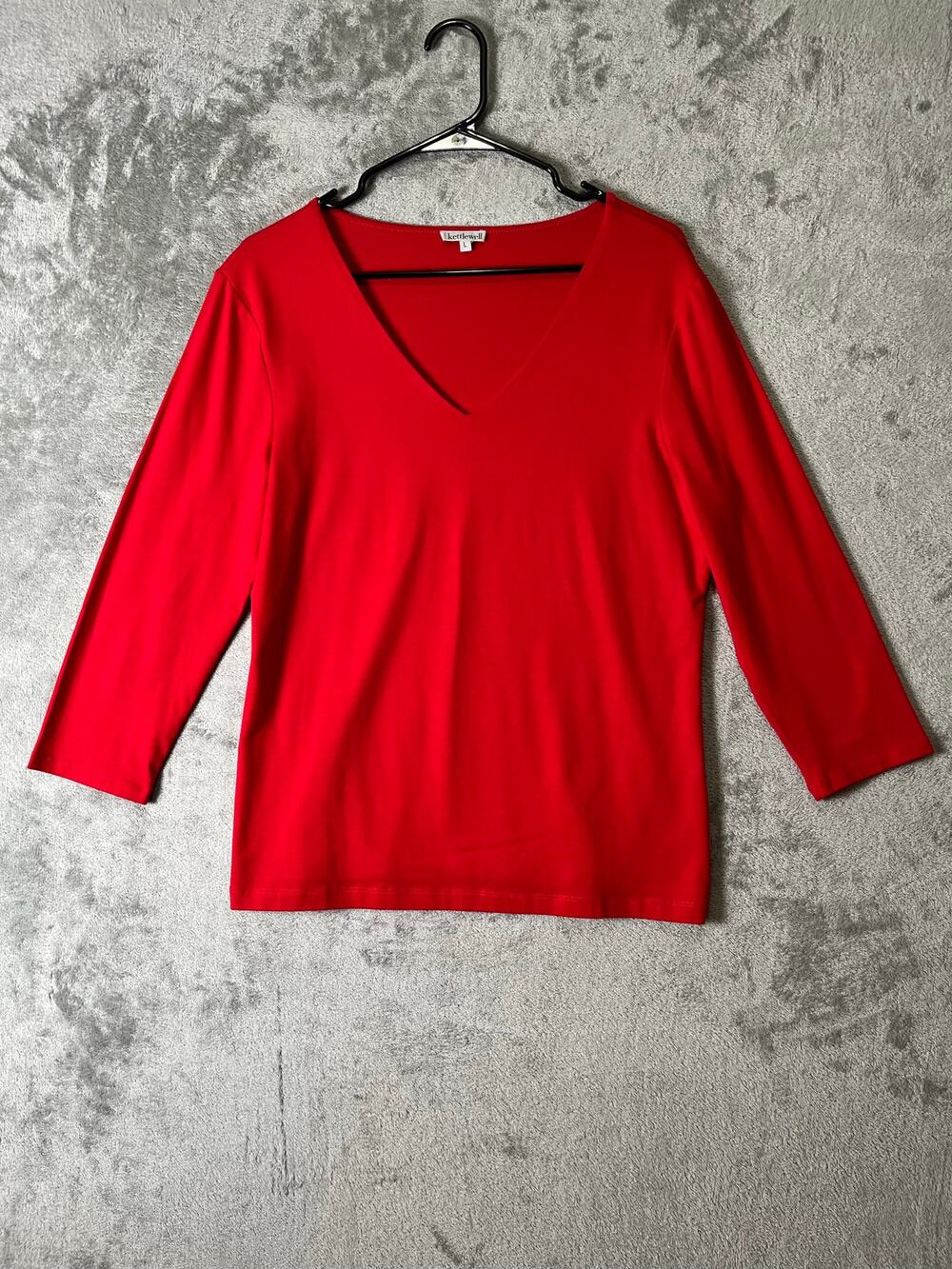 Kettlewell Red V-Neck 3/4 Sleeve Cotton Blend Top Blouse Size Large Classic Chic